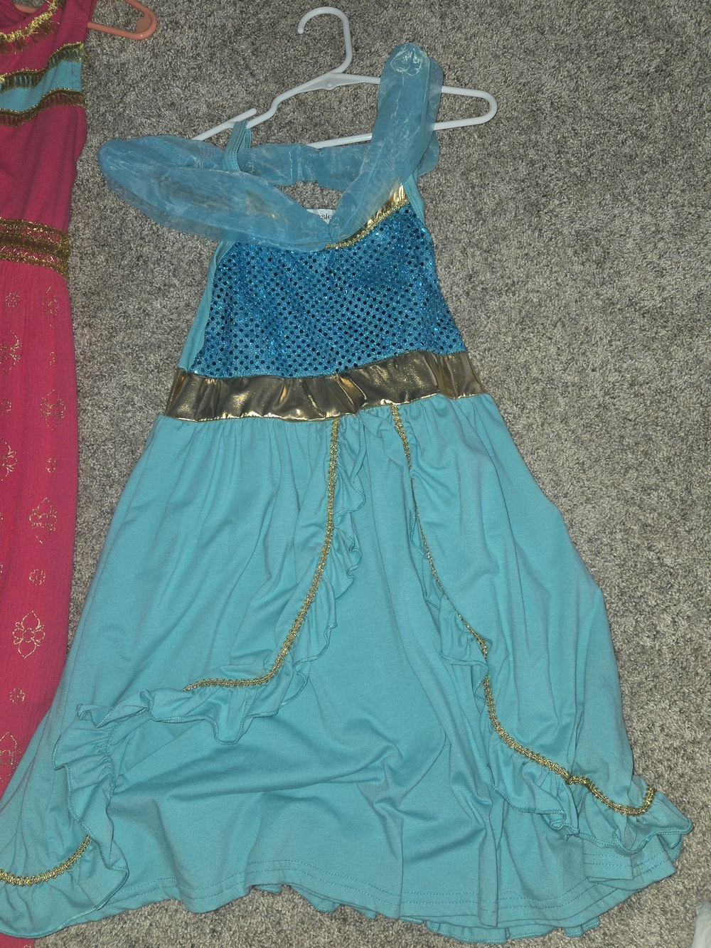 Girls Jasmine Teal Princess Costume Dress with Gold Trim
